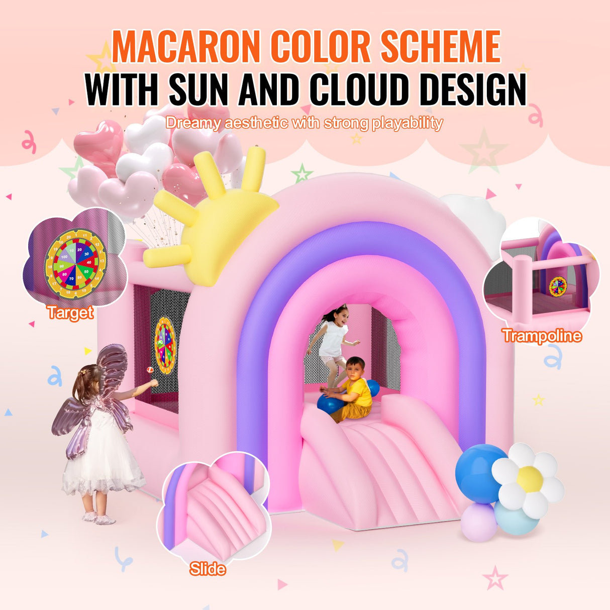 VEVOR Inflatable Bounce House, Indoor Outdoor Playhouse Trampoline, Kid Jumping Bouncer with Blower, Slide, Storage Bag, Family Backyard Bouncy Castle