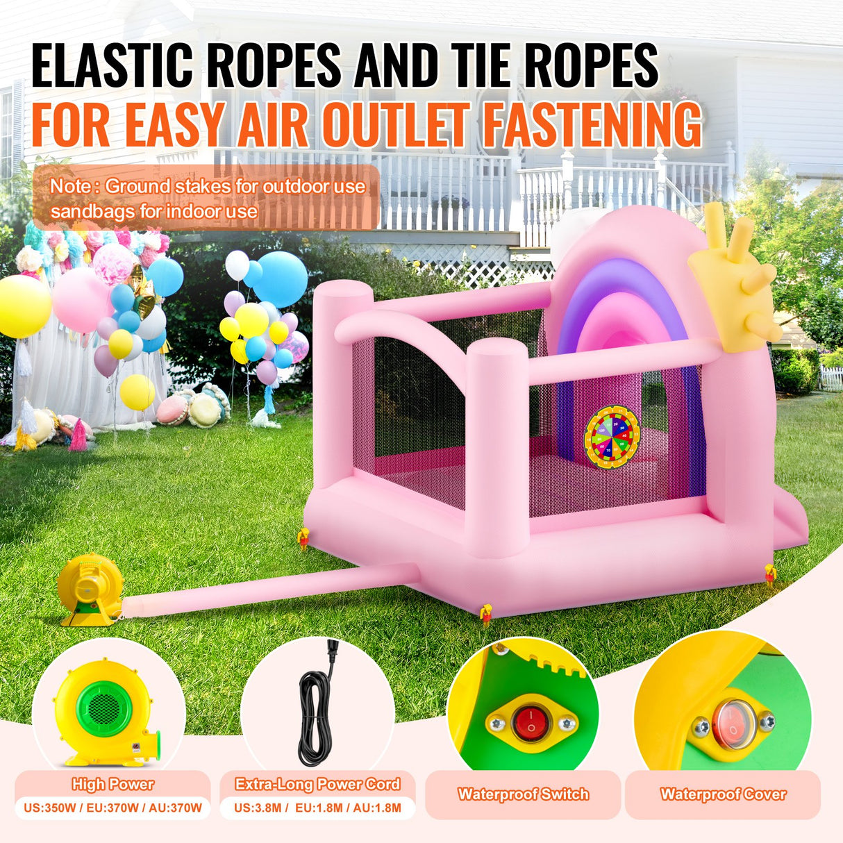 VEVOR Inflatable Bounce House, Indoor Outdoor Playhouse Trampoline, Kid Jumping Bouncer with Blower, Slide, Storage Bag, Family Backyard Bouncy Castle