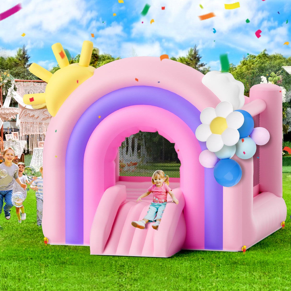 VEVOR Inflatable Bounce House, Indoor Outdoor Playhouse Trampoline, Kid Jumping Bouncer with Blower, Slide, Storage Bag, Family Backyard Bouncy Castle