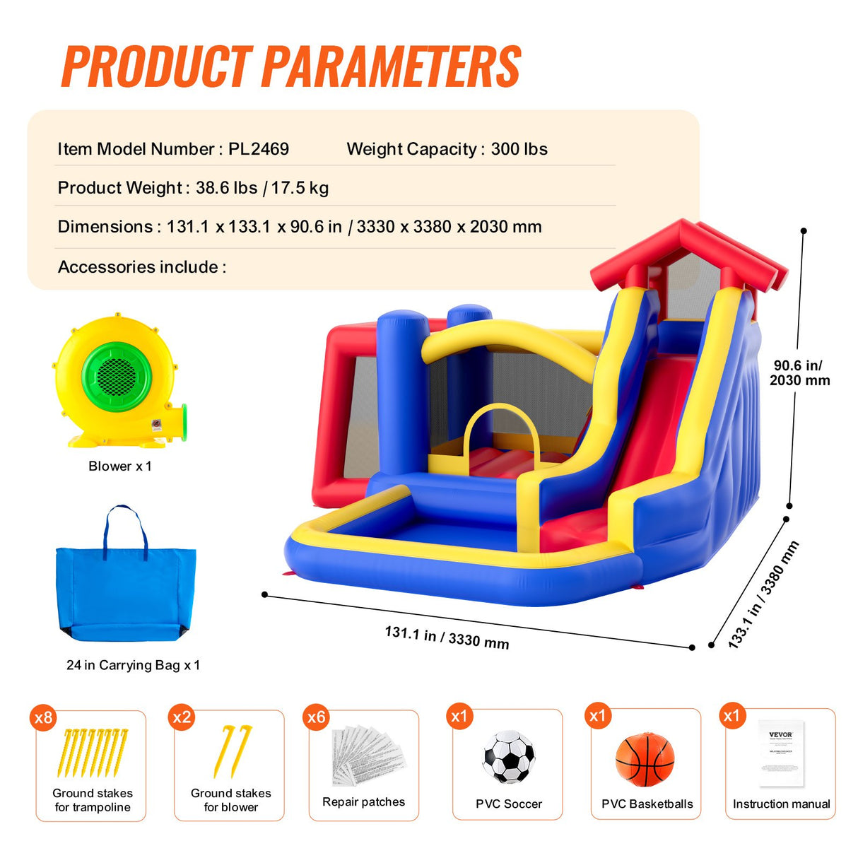 VEVOR Inflatable Bounce House, Outdoor High Quality Playhouse Trampoline, Jumping Bouncer with Blower, Slide, and Storage Bag, Family Backyard Bouncy