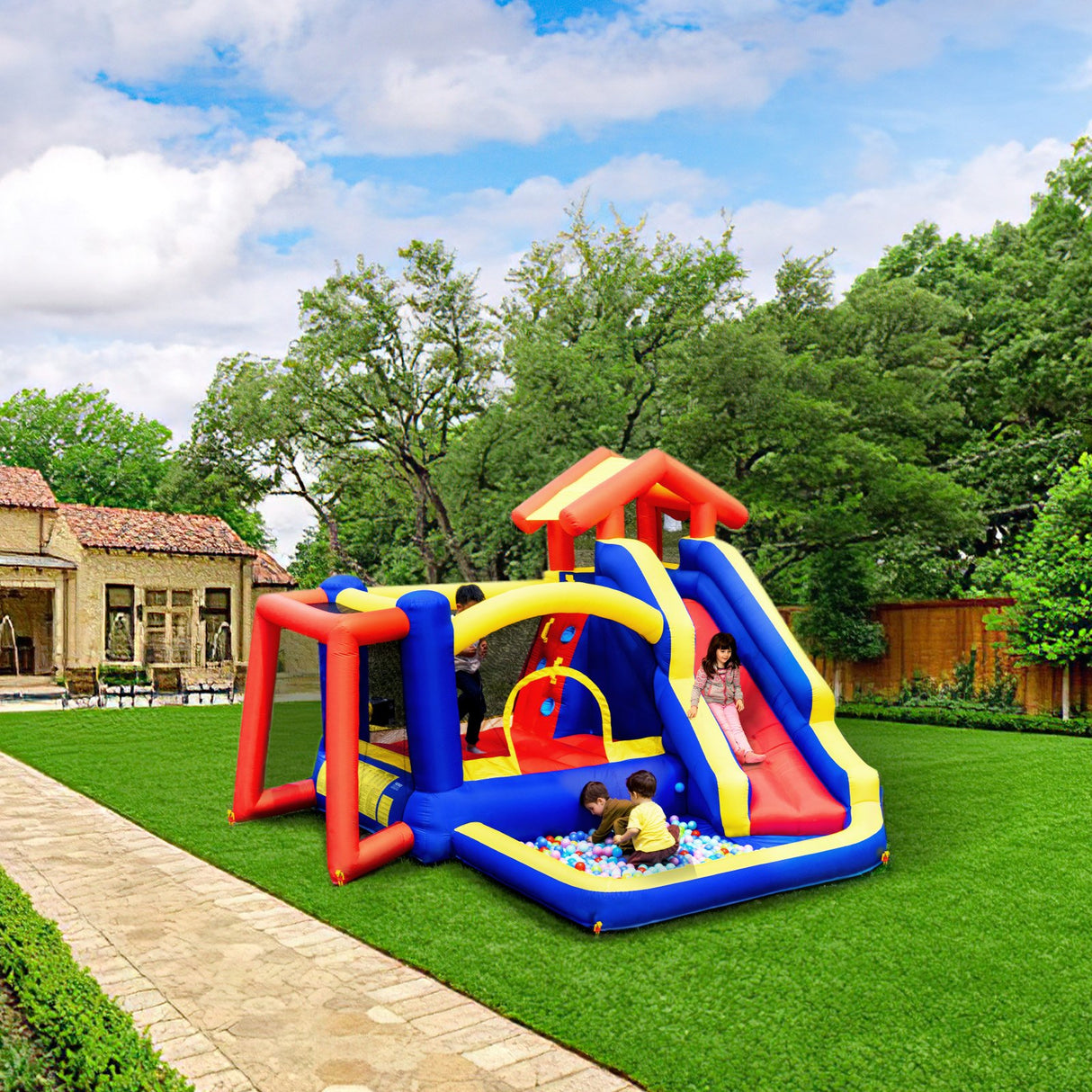 VEVOR Inflatable Bounce House, Outdoor High Quality Playhouse Trampoline, Jumping Bouncer with Blower, Slide, and Storage Bag, Family Backyard Bouncy