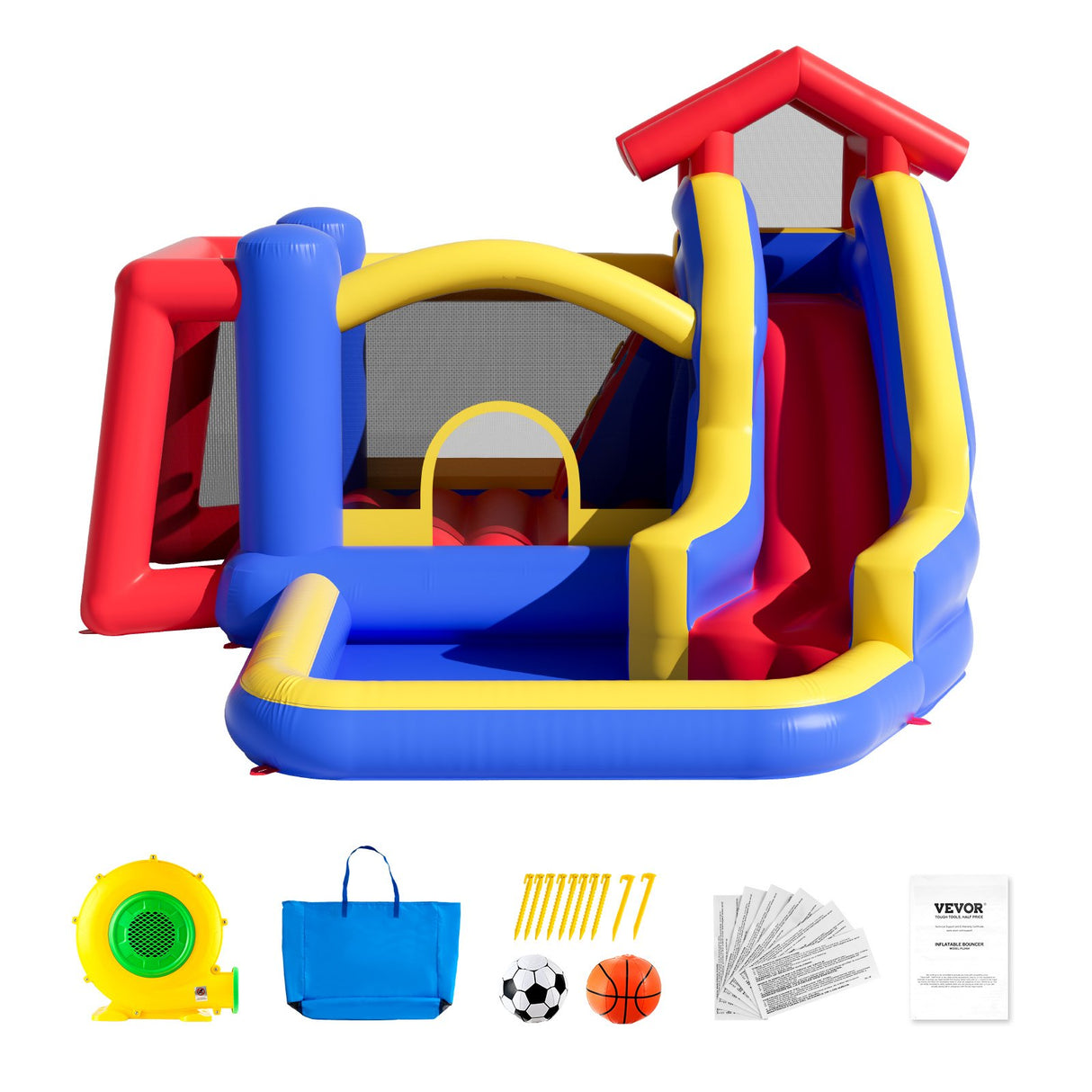 VEVOR Inflatable Bounce House, Outdoor High Quality Playhouse Trampoline, Jumping Bouncer with Blower, Slide, and Storage Bag, Family Backyard Bouncy