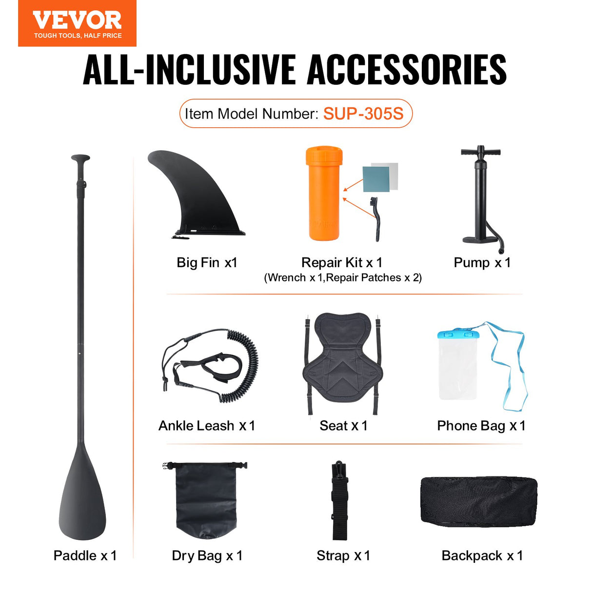 VEVOR Inflatable Stand Up Paddle Board, 152 mm SUP Paddleboard with Removable Kayak Seat, Board Accessories, Pump, Paddle, Fin, Backpack, Ankle Leash, and Repair Kit, for Youth & Adults