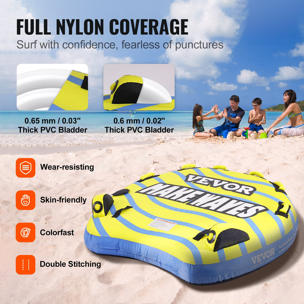 VEVOR Towable Tube for Boating, 1-3 Riders Inflatable Towable Tube with Bumper Fins, 510 lbs Water Sport Towable Tubes for Boats to Pull, Full Nylon