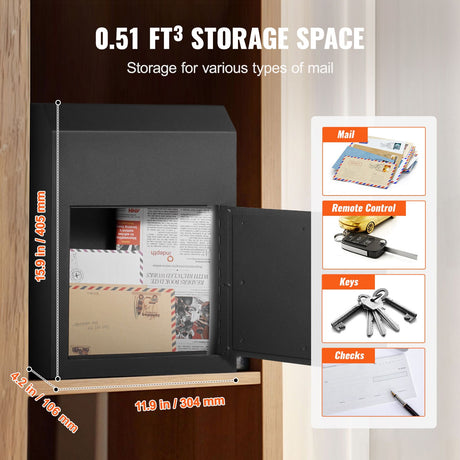 Through The Door Key Drop Box, Heavy Duty Steel Through the Door Mailbox with 1.8" 12" Key Lock, 12x6x16", image 3