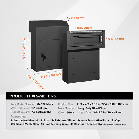 Through The Door Key Drop Box, Heavy Duty Steel Through the Door Mailbox with 1.8" 12" Key Lock, 12x6x16", image 7