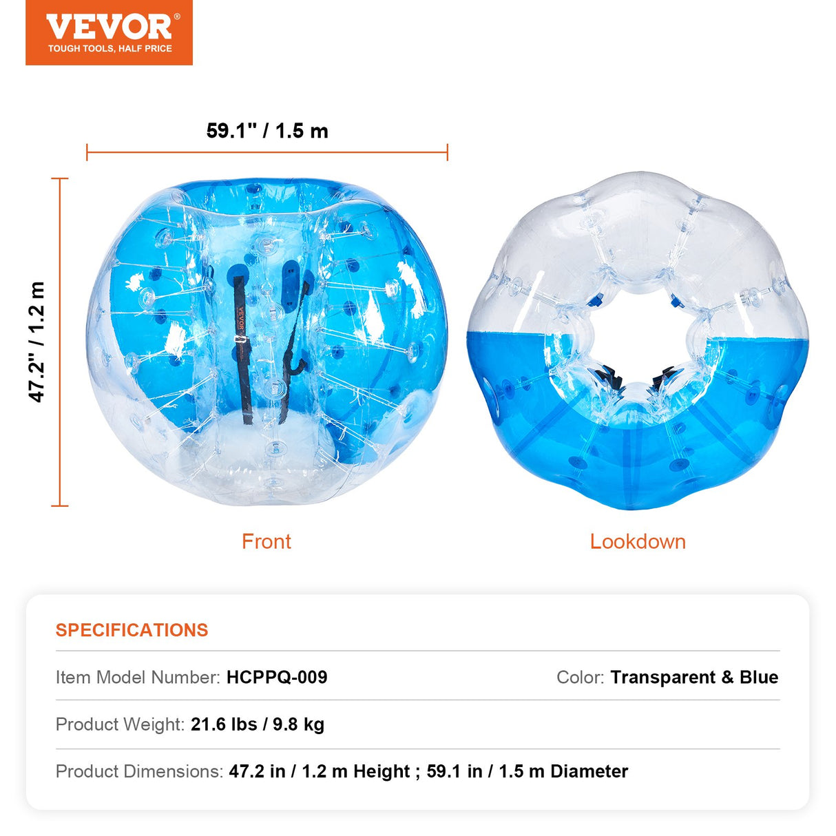 VEVOR Inflatable Bumper Ball 1-Pack, 5FT/1.5M Body Sumo Zorb Balls for Teen & Adult, 0.8mm Thick PVC Human Hamster Bubble Balls for Outdoor Team