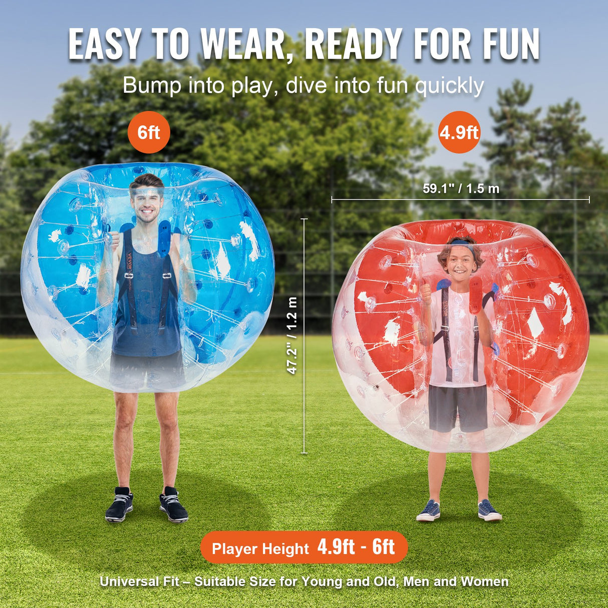 VEVOR Inflatable Bumper Balls 2-Pack, 5FT/1.5M Body Sumo Zorb Balls for Teen & Adult, 0.8mm Thick PVC Human Hamster Bubble Balls for Outdoor Team