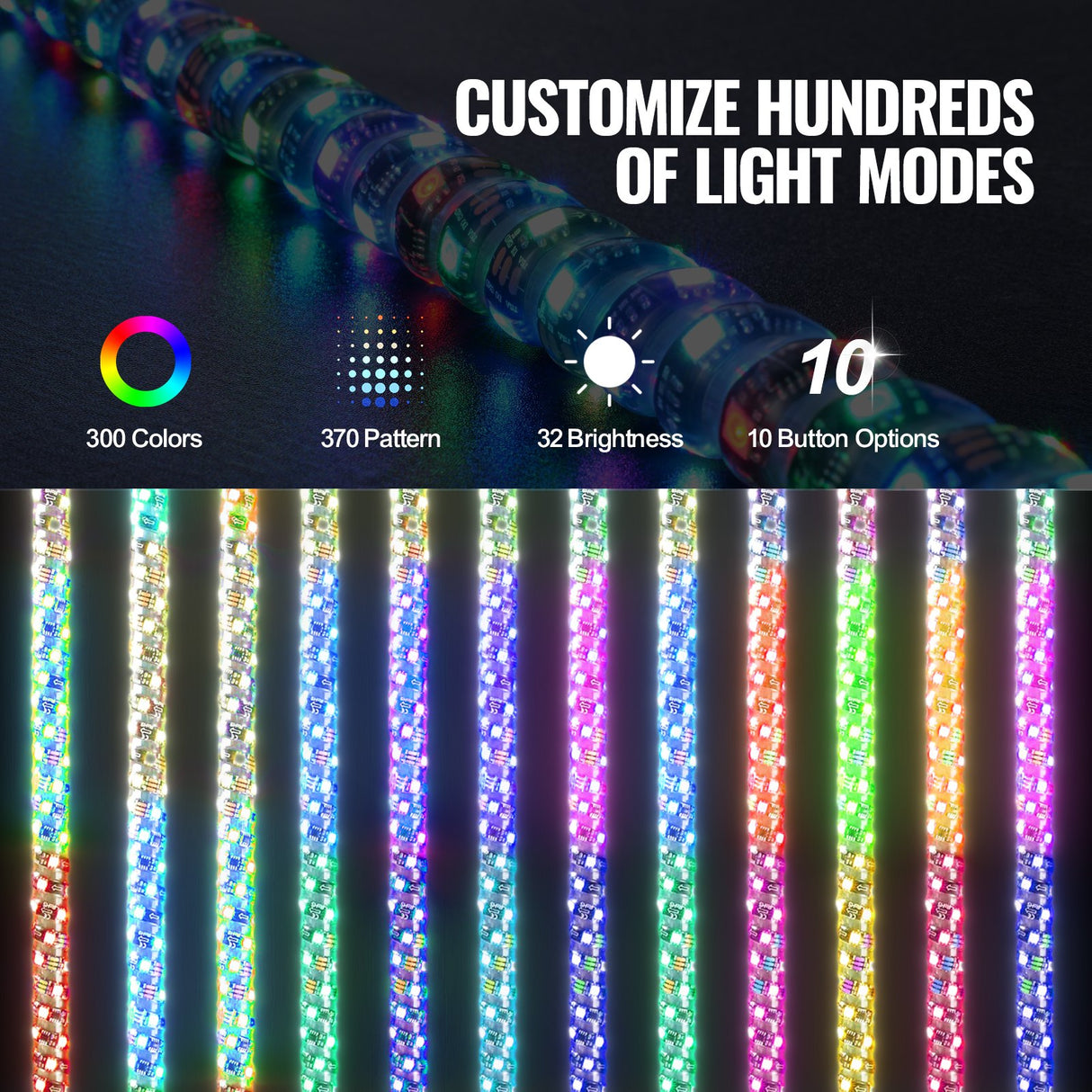 VEVOR 2 PCS 5 FT Whip Light, APP & RF Remote Control Led Whip Light, Waterproof Spiral RGB Chasing Lighted Whips with 4 Flags, for UTVs, ATVs,