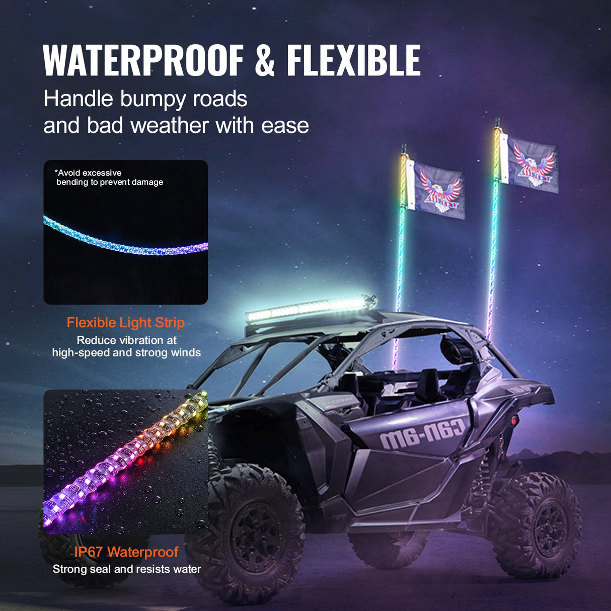 VEVOR 2 PCS 5 FT Whip Light, APP & RF Remote Control Led Whip Light, Waterproof Spiral RGB Chasing Lighted Whips with 4 Flags, for UTVs, ATVs,