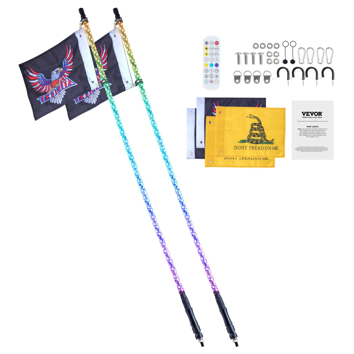 VEVOR 2 PCS 5 FT Whip Light, APP & RF Remote Control Led Whip Light, Waterproof Spiral RGB Chasing Lighted Whips with 4 Flags, for UTVs, ATVs,