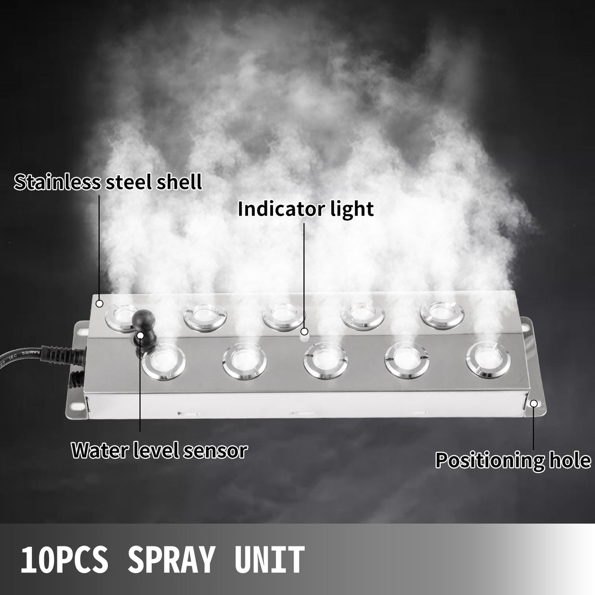VEVOR Mist Maker 10 Head Ultrasonic Mist Fogger with Waterproof Power Supply Ultrasonic Fogger Humidifier Stainless Steel Pond Mister Fogger 5kg/h
