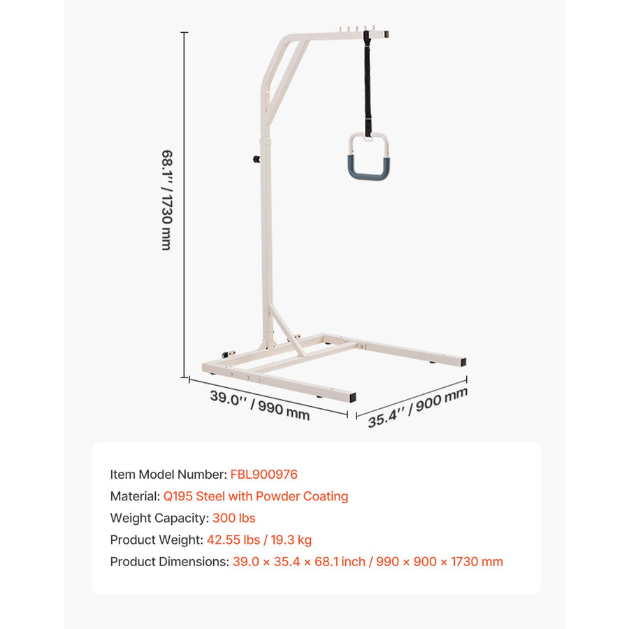 Trapeze Bar for Bed Mobility, Height-Adjustable Free Standing Trapeze Bar with 2 Wheels, 300LBS Capacity Bed, image 7
