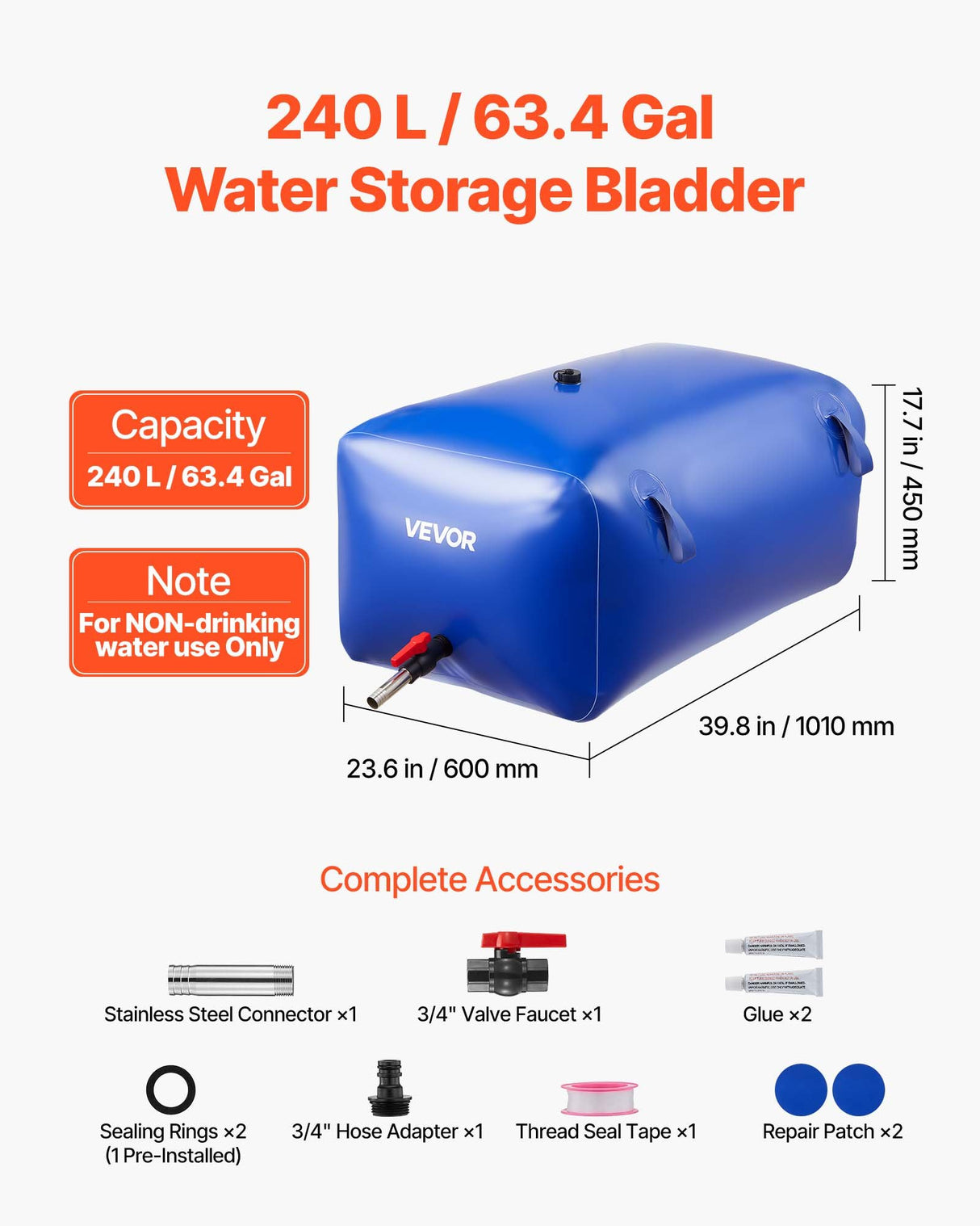 VEVOR Water Storage Bladder 240L Large Capacity Water Bag, Portable & Collapsible Soft Waters Container, Leakproof & Tear-Resistant PVC Emergency Waters Storage Tank for RV Truck & Outdoor Use