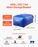 VEVOR Water Storage Bladder 400L Large Capacity Water Bag, Portable & Collapsible Soft Waters Container, Leakproof & Tear-Resistant PVC Emergency Waters Storage Tank for RV Truck & Outdoor Use - Front View