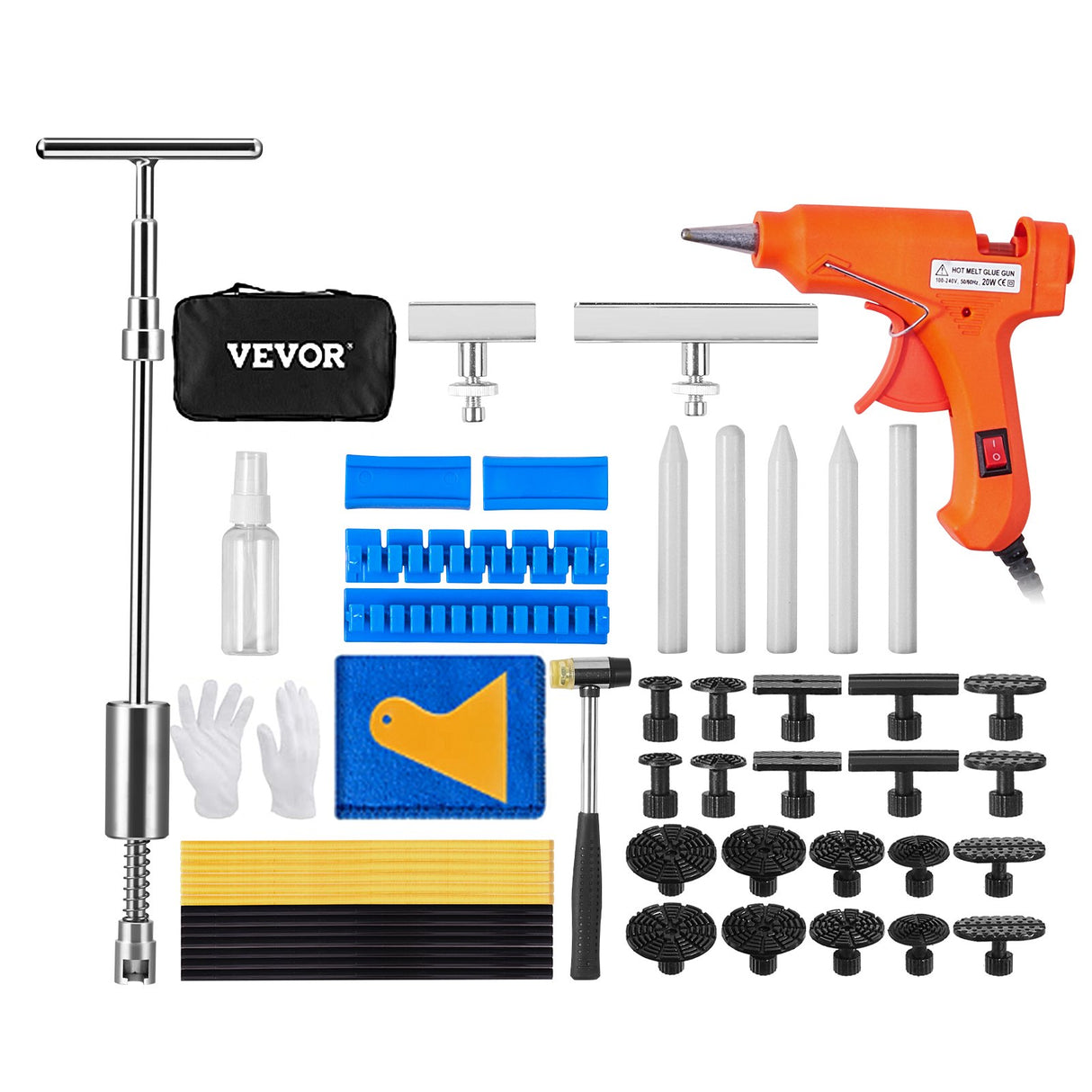 VEVOR 52 PCS Dent Removal Kit, Paintless Dent Repair Kit with 2-in-1 Slide Hammer with Stainless Steel Grooves, Short Puller Lines and Long Puller