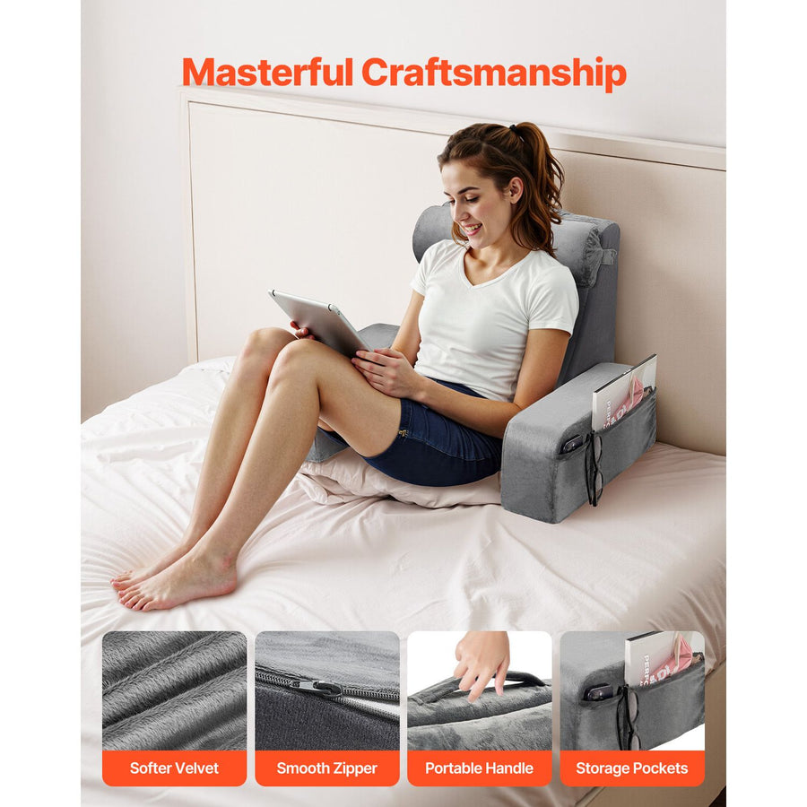 Reading Pillow, Backrest Support Pillow with Arm and 3 Pockets, Large Size Bed Pillow with Removable Headrest & 25D Sponge, Handle for Easy Carrying, for Reading, Gaming, Resting, Working, Grey