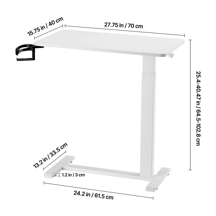 Overbed Table, Mobile Bed Side Table with 4 Hidden Wheels, Height Adjustable Rolling Laptop Desk with Cup Holder, Portable Particleboard Over Bed Desk for Home, Office, Study, White