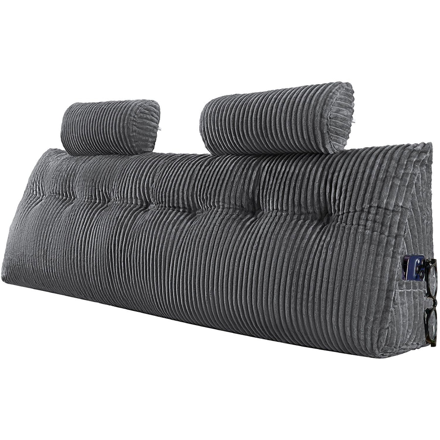 Headboard Pillow, King Size Wedge Headboard Pillow with 2 Side Pockets and 2 Headrests, Bed Wedge Pillow with Washable Flannel Cloth, for Reading, Gaming, Resting, Working in Bed, Grey