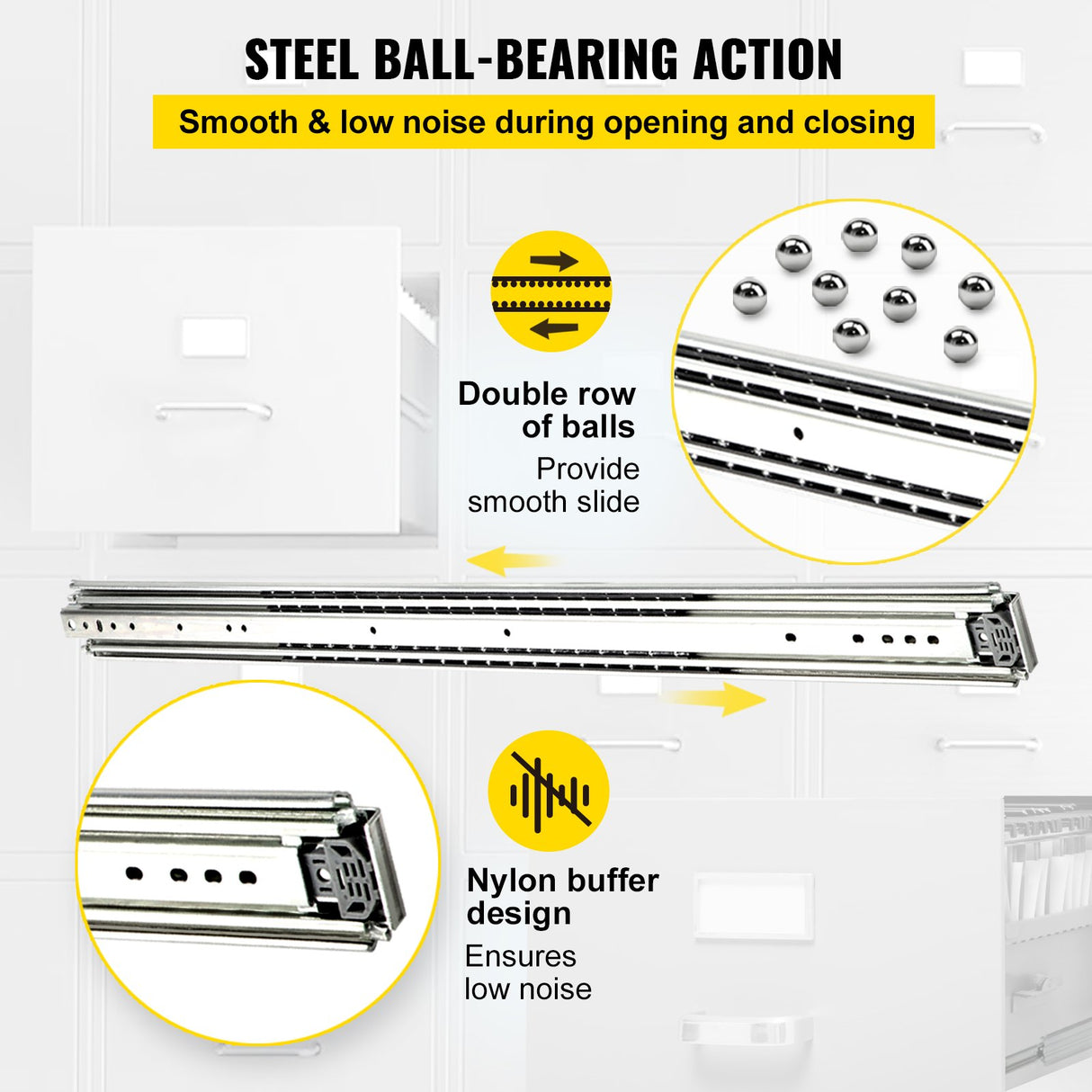 VEVOR Drawer Slide Soft Close Drawer 1Pair 48" Ball Bearing Full Extension 500lb