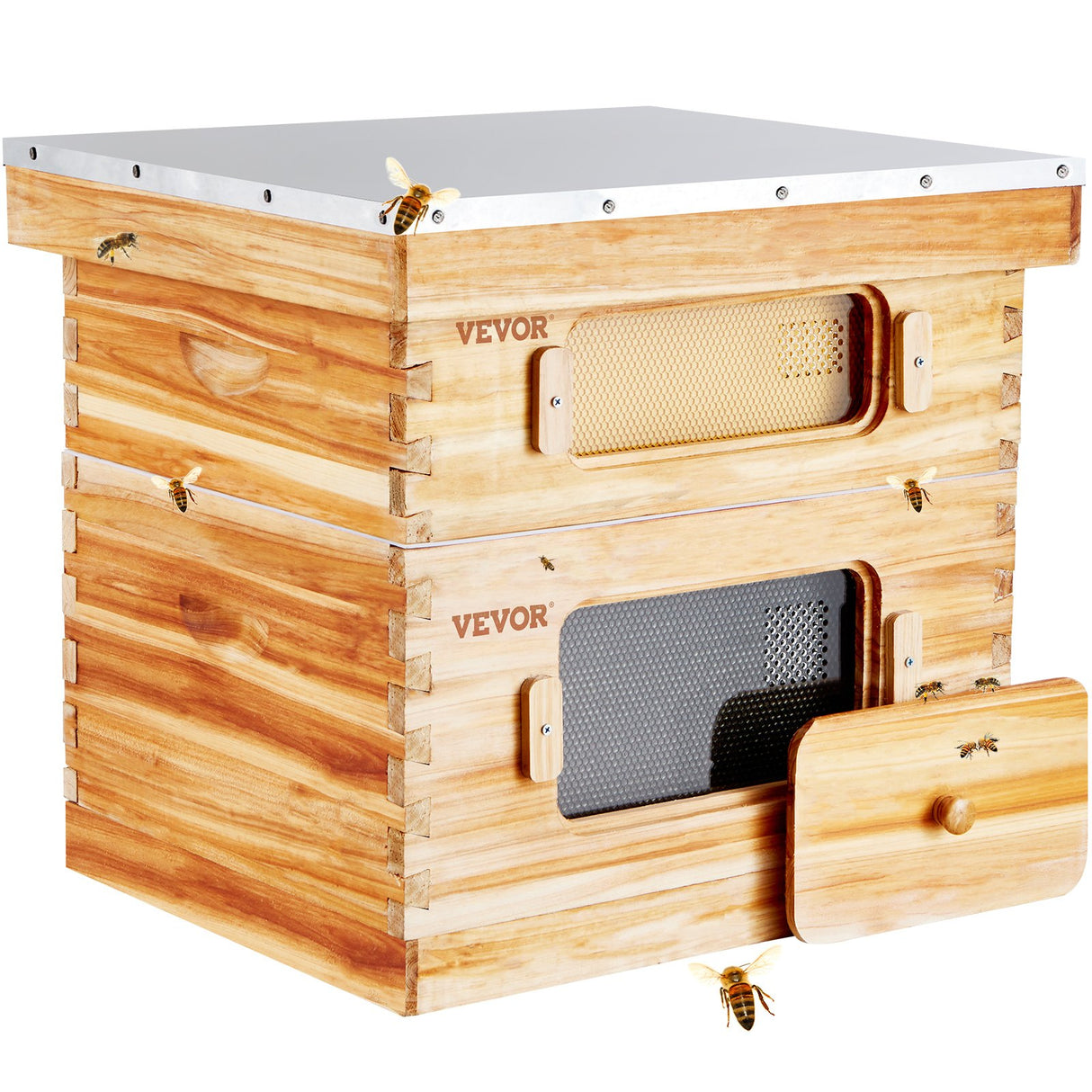 VEVOR Bee Hive 20 Frame Bee Hives Starter Kit, Beeswax Coated Cedar Wood, 1 Deep + 1 Medium Bee Boxes Langstroth Beehive Kit, Transparent Acrylic