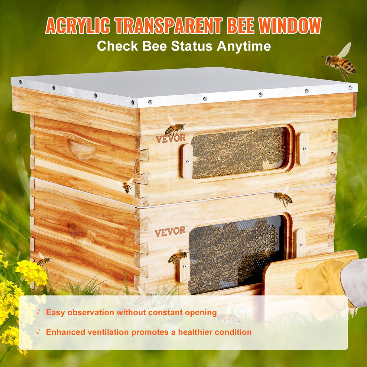 VEVOR Bee Hive 20 Frame Bee Hives Starter Kit, Beeswax Coated Cedar Wood, 1 Deep + 1 Medium Bee Boxes Langstroth Beehive Kit, Transparent Acrylic