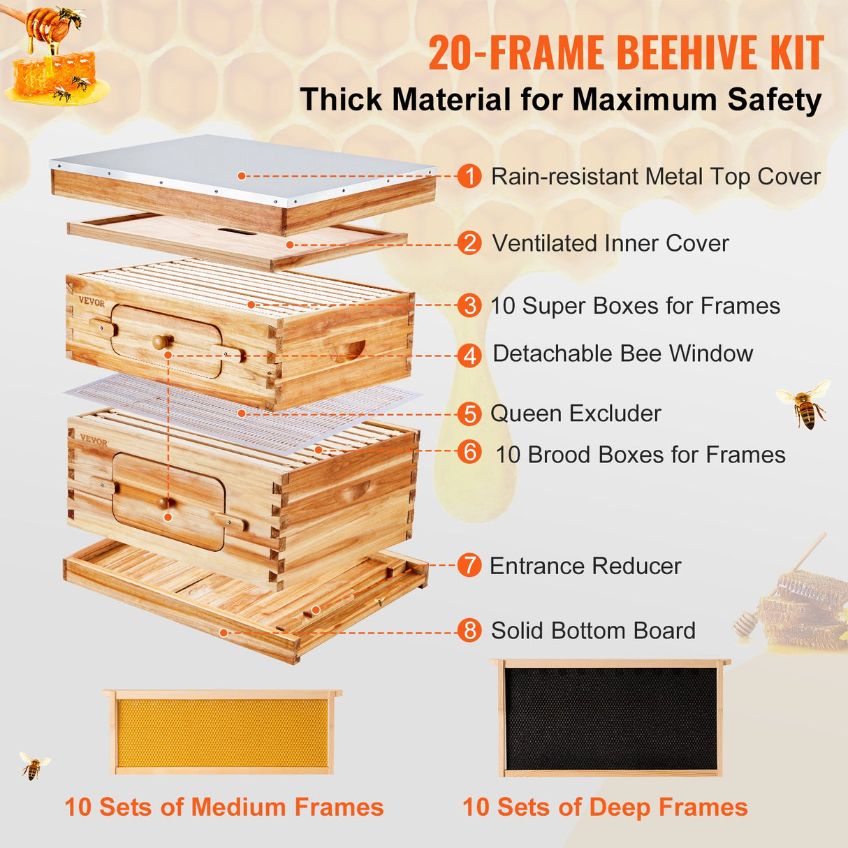 VEVOR Bee Hive 20 Frame Bee Hives Starter Kit, Beeswax Coated Cedar Wood, 1 Deep + 1 Medium Bee Boxes Langstroth Beehive Kit, Transparent Acrylic
