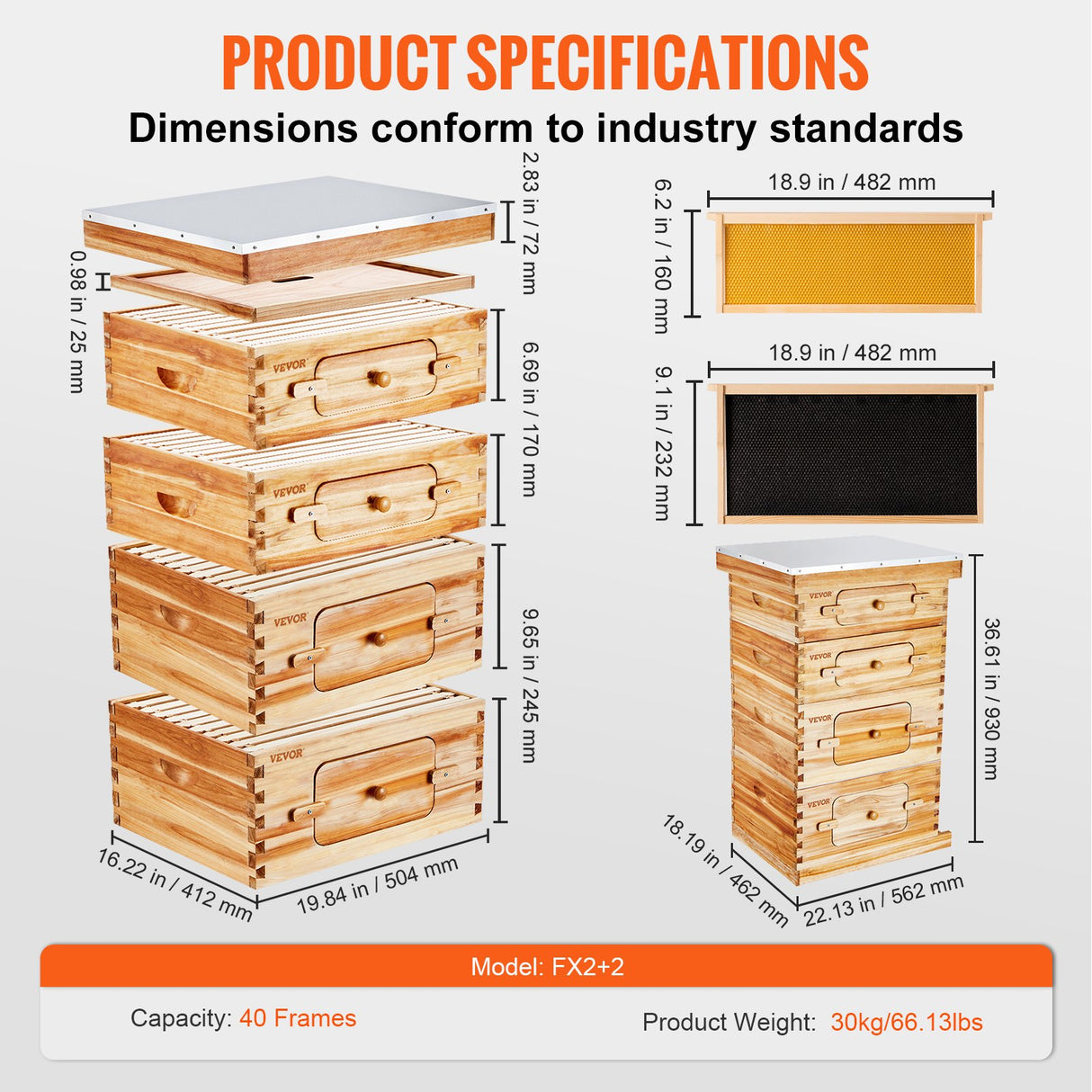VEVOR Bee Hive 40 Frame Bee Hives Starter Kit, Beeswax Coated Cedar Wood, 2 Deep + 2 Medium Bee Boxes Langstroth Beehive Kit, Transparent Acrylic