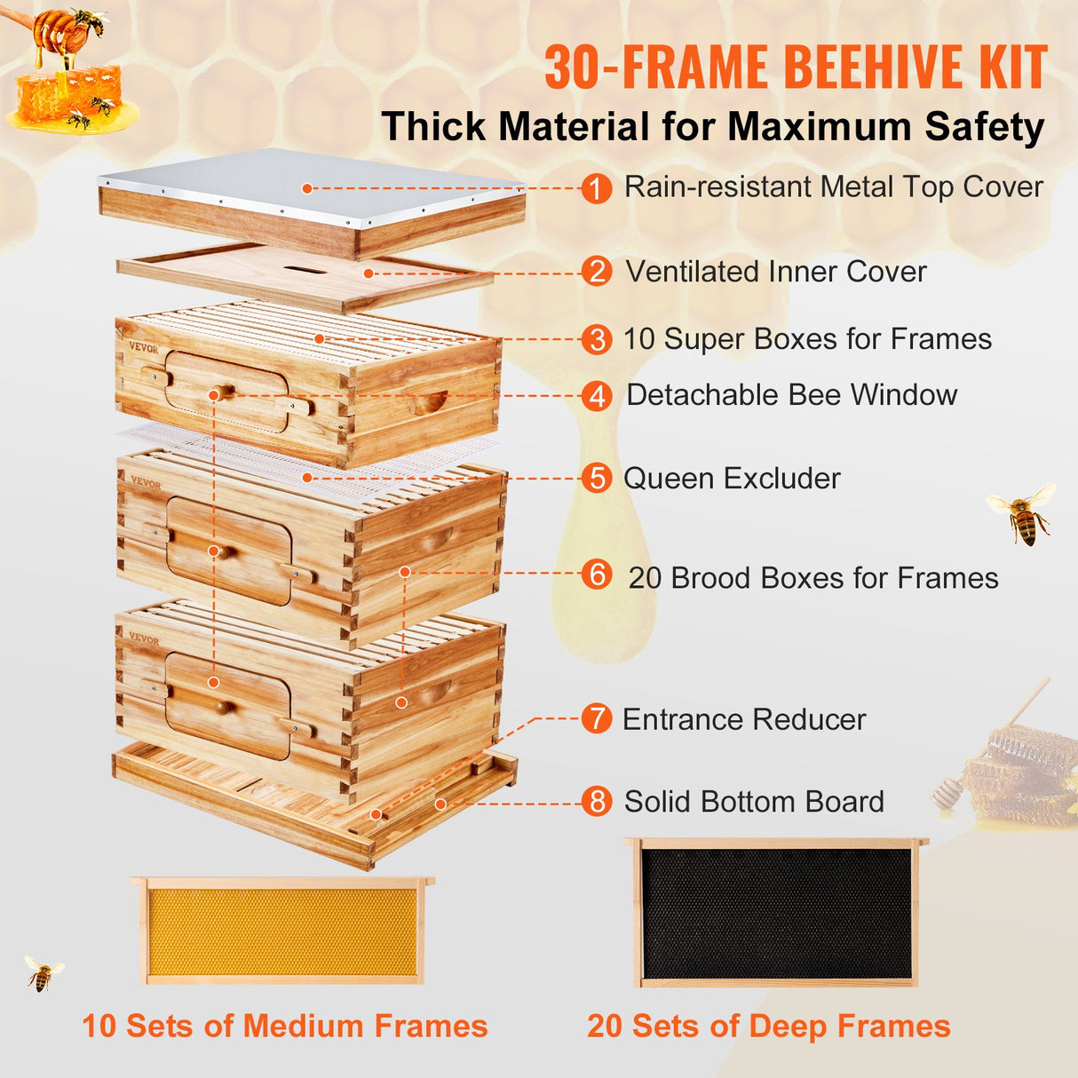 VEVOR Bee Hive 30 Frame Bee Hives Starter Kit, Beeswax Coated Fir Wood, 2 Deep + 1 Medium Bee Boxes Langstroth Beehive Kit, Transparent Acrylic