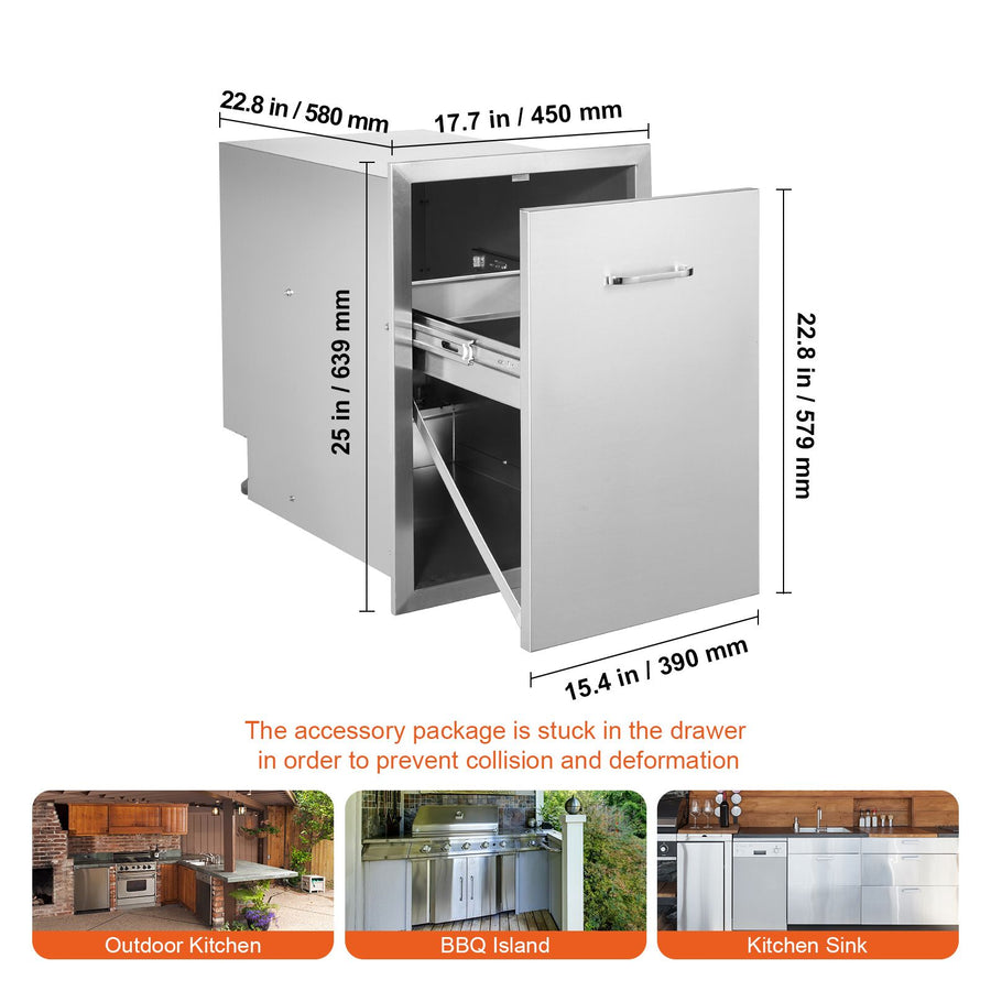 Pull Out Trash Drawer 50x58x57.4 cm Raised Style Trash Bin with Pull-Out Tray Stainless Steel Trash Drawer with Handle for Outdoor Kitchen BBQ Island, Trash Can Not Included