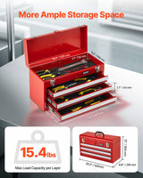 VEVOR Tool Box 520 mm Portable Metal Tool Box 3 Drawers Tool Organizer Red - Front View