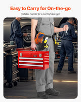 VEVOR Tool Box 520 mm Portable Metal Tool Box 3 Drawers Tool Organizer Red - 45-Degree Angle
