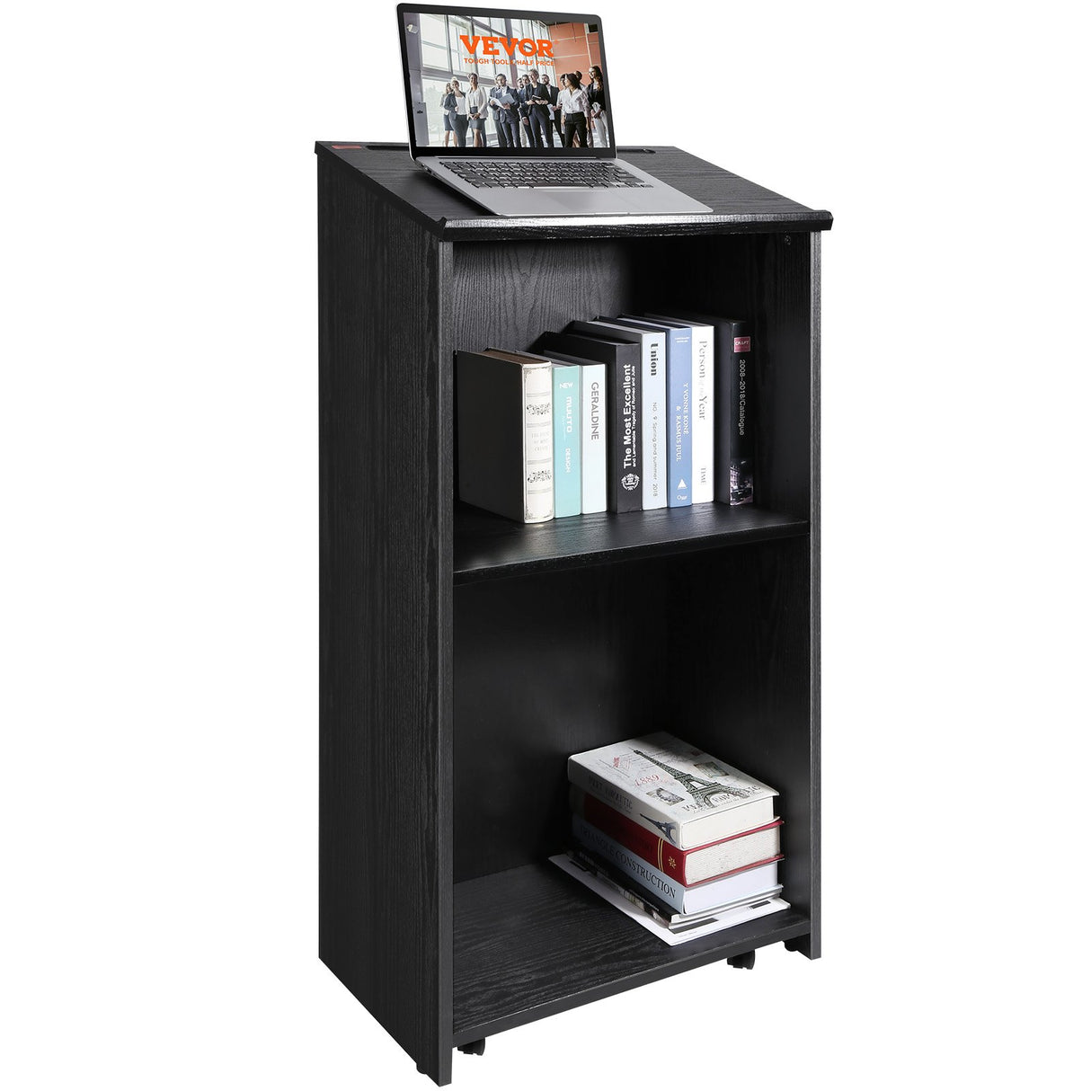 VEVOR Podium Stand, 47 in Hostess Stand with 4 Rolling Wheels, Wood Podium with Storage Shelves, and Slant Desktop, Lecterns & Podiums for Church,