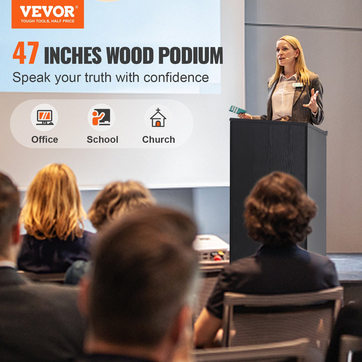VEVOR Podium Stand, 47 in Hostess Stand with 4 Rolling Wheels, Wood Podium with Storage Shelves, and Slant Desktop, Lecterns & Podiums for Church,