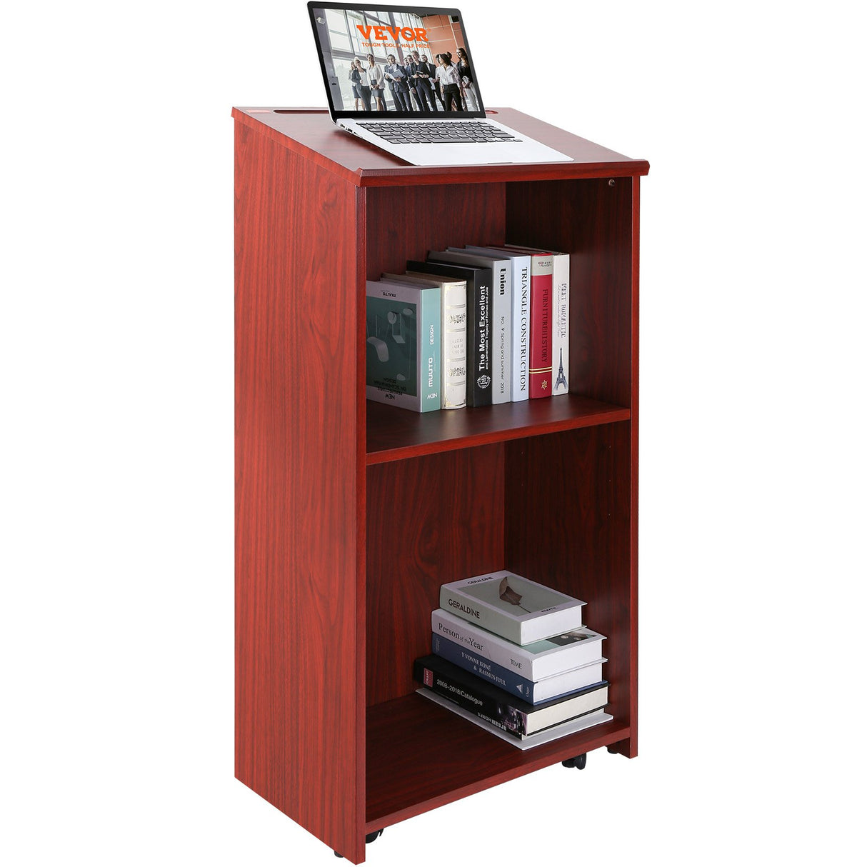 VEVOR Podium Stand, 47 in Hostess Stand with 4 Rolling Wheels, Wood Podium with Storage Shelves, and Slant Desktop, Lecterns & Podiums for Church,