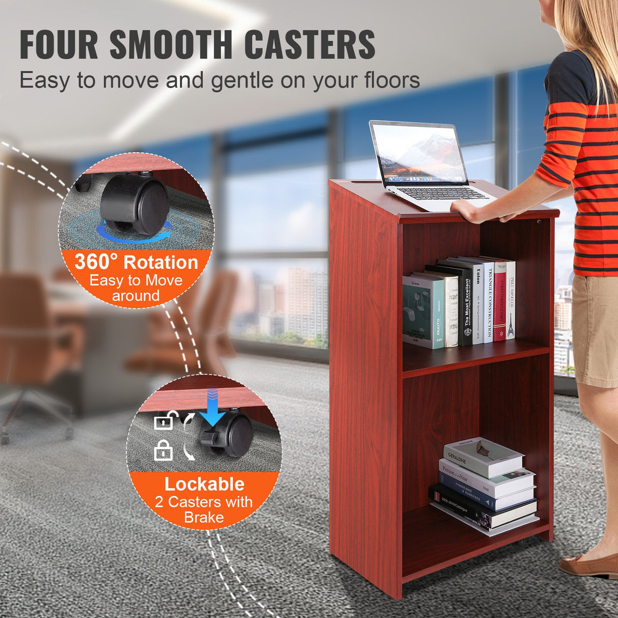 VEVOR Podium Stand, 47 in Hostess Stand with 4 Rolling Wheels, Wood Podium with Storage Shelves, and Slant Desktop, Lecterns & Podiums for Church,