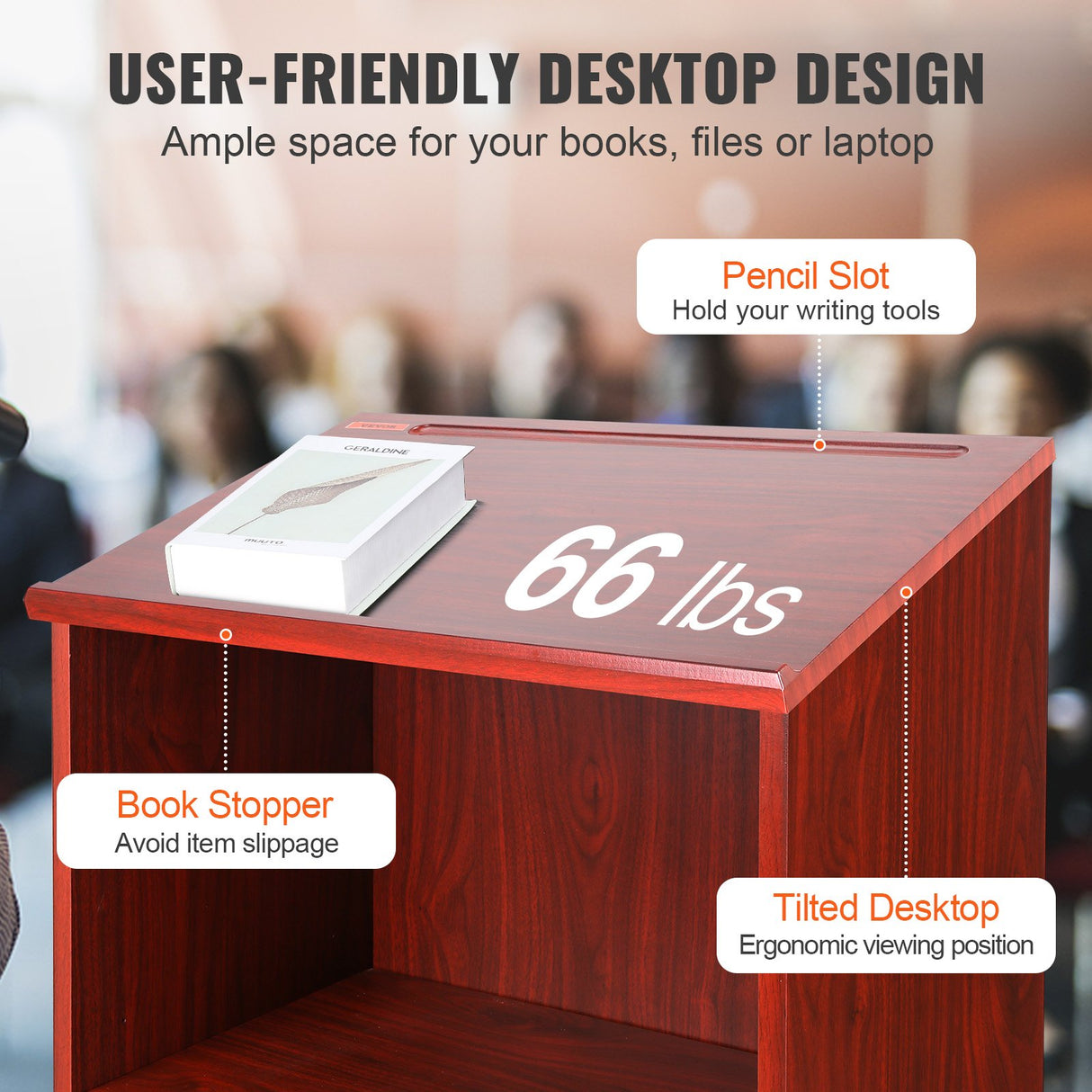 VEVOR Podium Stand, 47 in Hostess Stand with 4 Rolling Wheels, Wood Podium with Storage Shelves, and Slant Desktop, Lecterns & Podiums for Church,