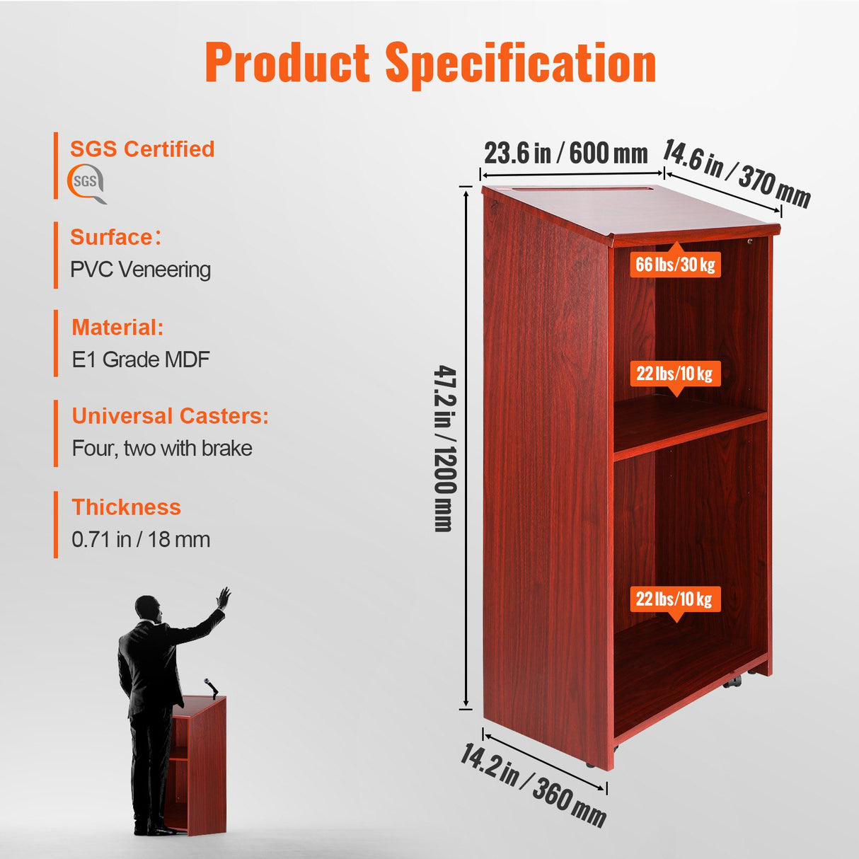 VEVOR Podium Stand, 47 in Hostess Stand with 4 Rolling Wheels, Wood Podium with Storage Shelves, and Slant Desktop, Lecterns & Podiums for Church, Office, School, Home, Brown