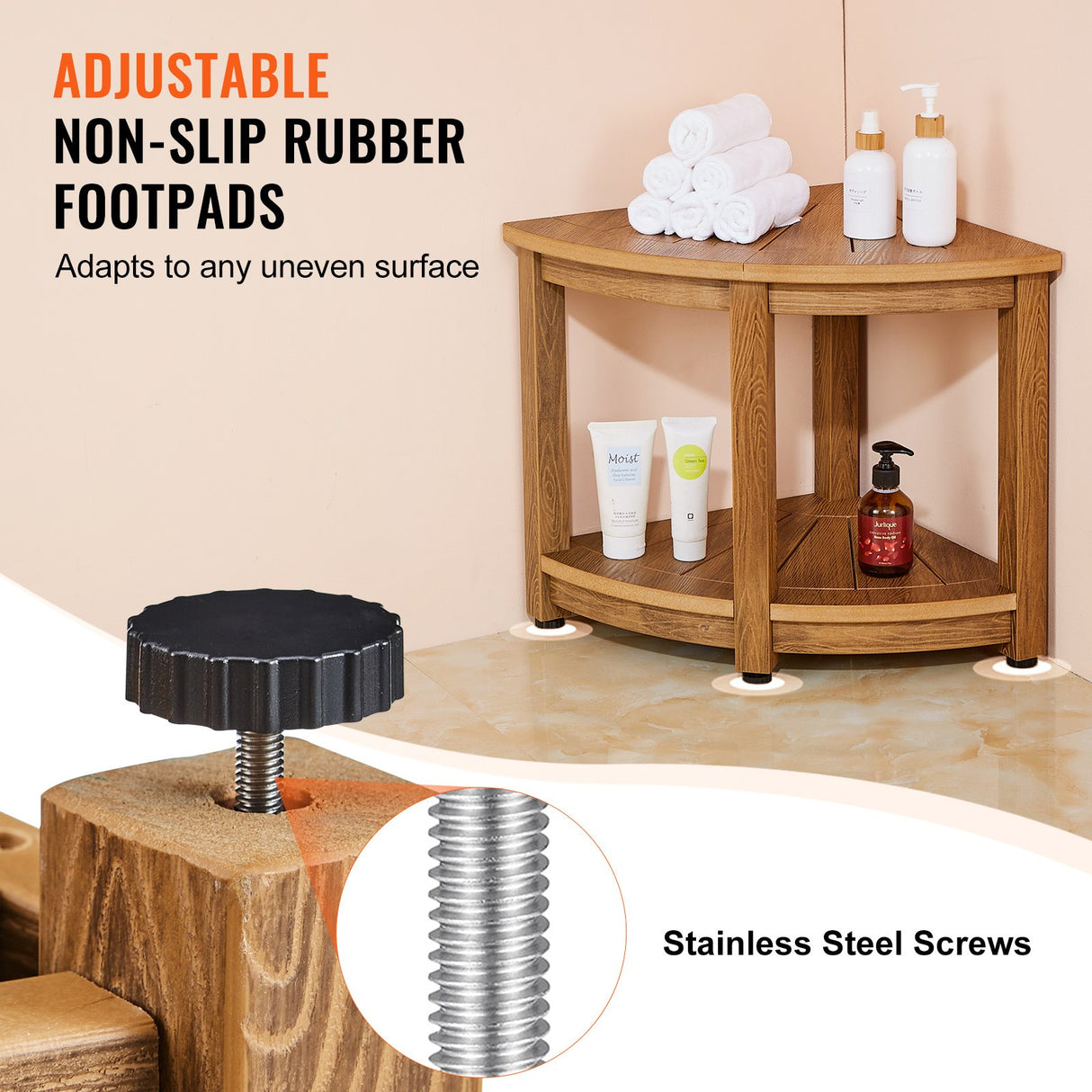 VEVOR Corner Shower Bench, 18.5" Height 17.75" Radius, Faux Wood Grain Polystyrene,159KGS with Storage Shelf, Water Resistant, Shower Stool for Inside