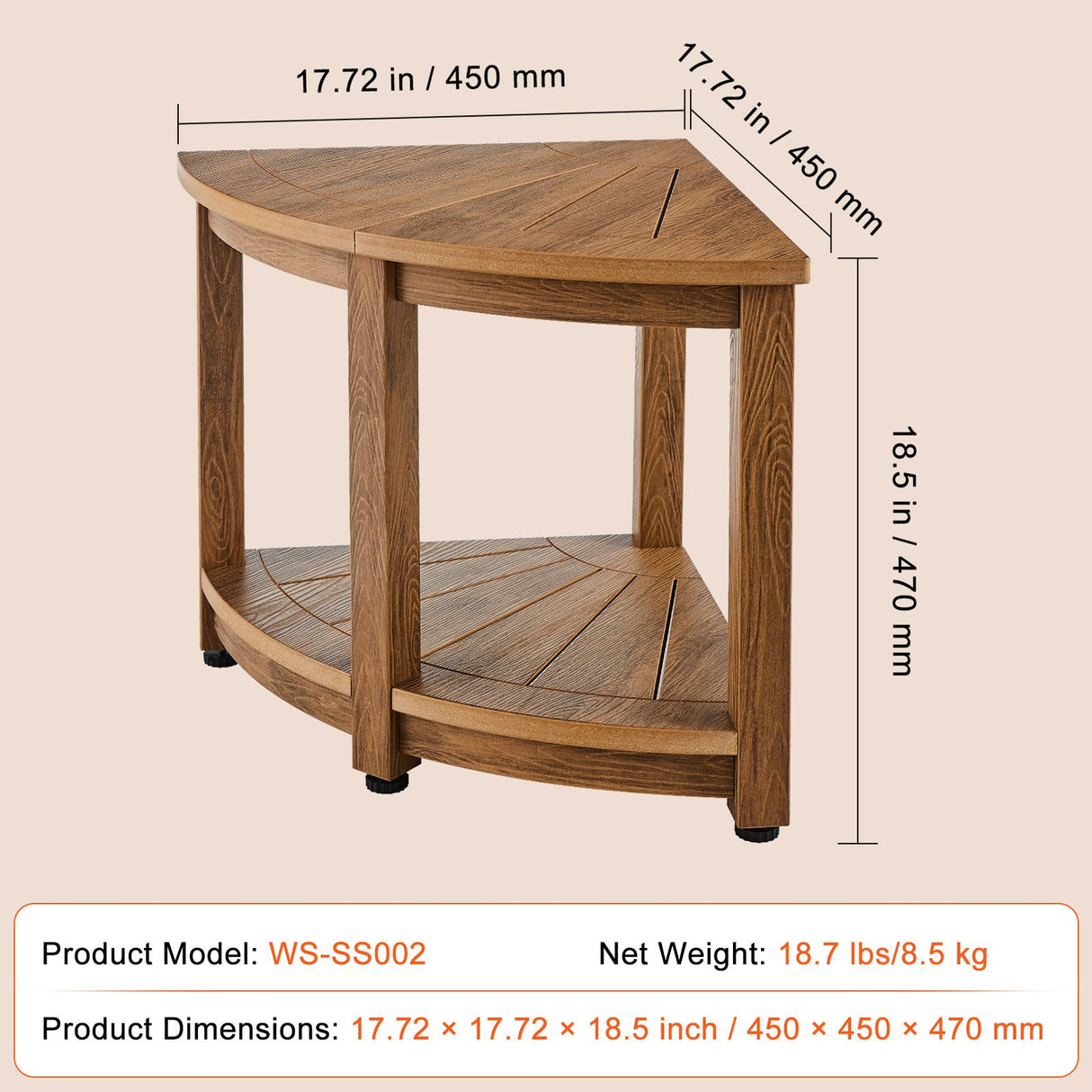 VEVOR Corner Shower Bench, 18.5" Height 17.75" Radius, Faux Wood Grain Polystyrene,159KGS with Storage Shelf, Water Resistant, Shower Stool for Inside