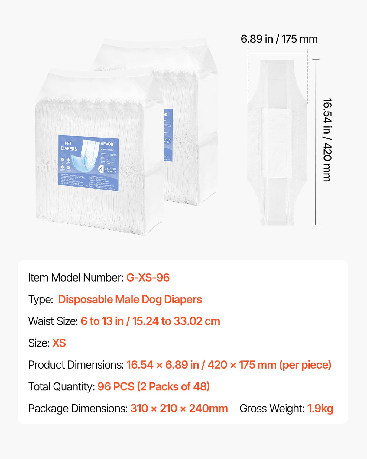 VEVOR Disposable Male Dog Diapers, Super Absorbent Male Dog Wraps, 360 ° Leak-Proof Belly Bands with Wetness Indicator for Doggies in Heat, Training, Incontinence - XS, 96 Count (2 Packs of 48)