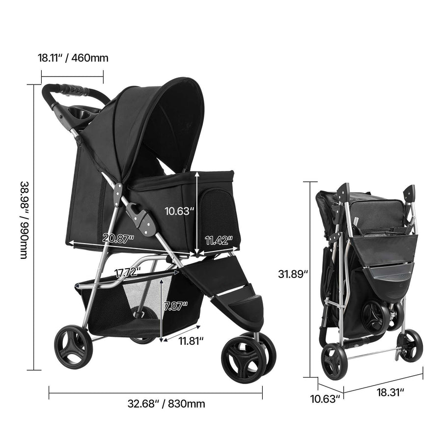 Pet Stroller, 16KG Weight Capacity, Foldable Dog Stroller Cart, 3 Wheels Cats Strollers with Mesh Windows and Cup Holders, Portable Pet Carrier Strollers with Brake, for Small to Medium Pets