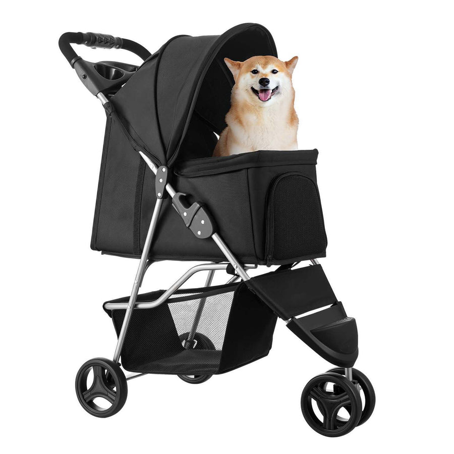 Pet Stroller, 16KG Weight Capacity, Foldable Dog Stroller Cart, 3 Wheels Cats Strollers with Mesh Windows and Cup Holders, Portable Pet Carrier Strollers with Brake, for Small to Medium Pets