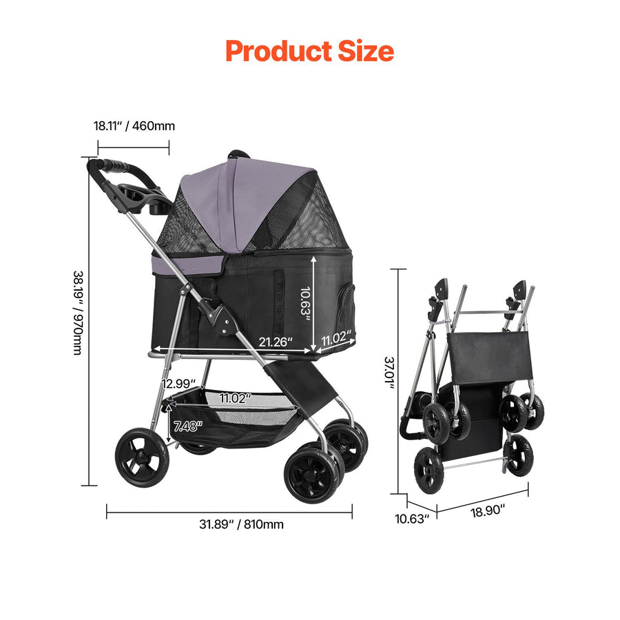 Pet Stroller, 16KG Weight Capacity, Foldable Dog Stroller Cart, 4 Wheels Cats Pram with Detachable Carrier & Mesh Windows, Portable Animal Carrier with Brake for Small to Medium Pets