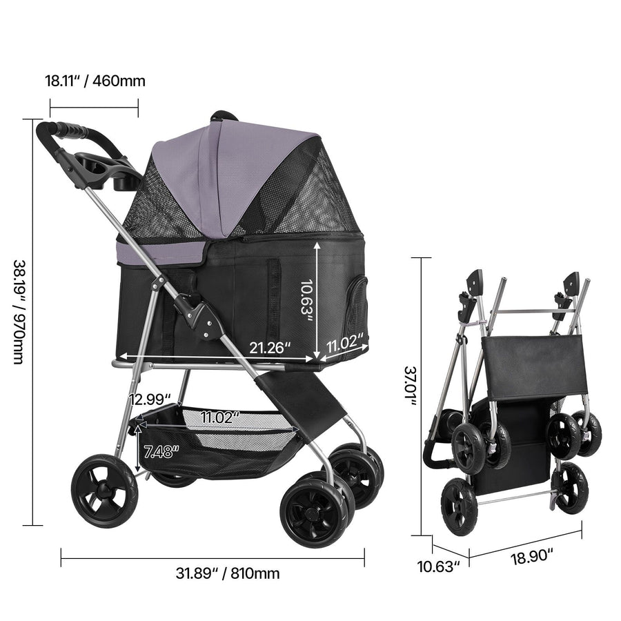 Pet Stroller, 16KG Weight Capacity, Foldable Dog Stroller Cart, 4 Wheels Cats Pram with Detachable Carrier & Mesh Windows, Portable Animal Carrier with Brake for Small to Medium Pets