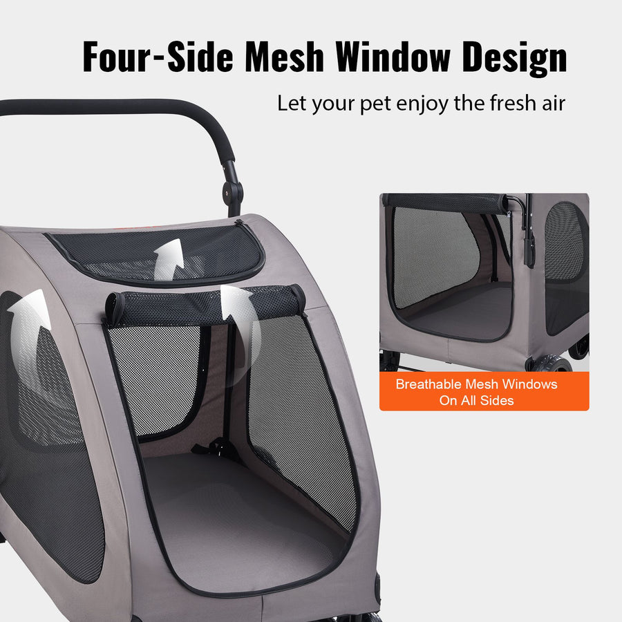 Pet Stroller, 4 Wheels Dog Stroller with Brakes, 160lbs Weight Capacity, Portable Puppy Stroller Carrier with Breathable Mesh Windows & Height-Adjustable Height, Animal Stroller for Cats & Dogs