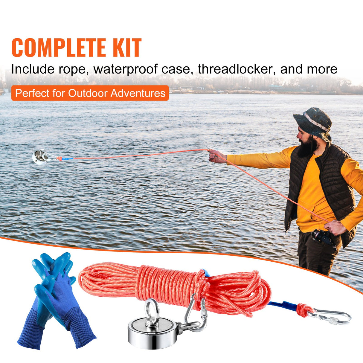 Magnet Fishing Kit, 1200lbs Pulling Force Double Sided Fishing Magnets, 2.95inch Diameter Magnet with Rope, Grappling Hook, Gloves, Waterproof Case, Threadlocker, Eye Bolt, for Fishing