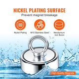 VEVOR Magnet Fishing Kit, 1200lbs Pulling Force Double Sided Fishing Magnets, 2.95inch Diameter Magnet with Rope, Grappling Hook, Gloves, Waterproof Case, Threadlocker, Eye Bolt, for Fishing - 45-Degree Angle