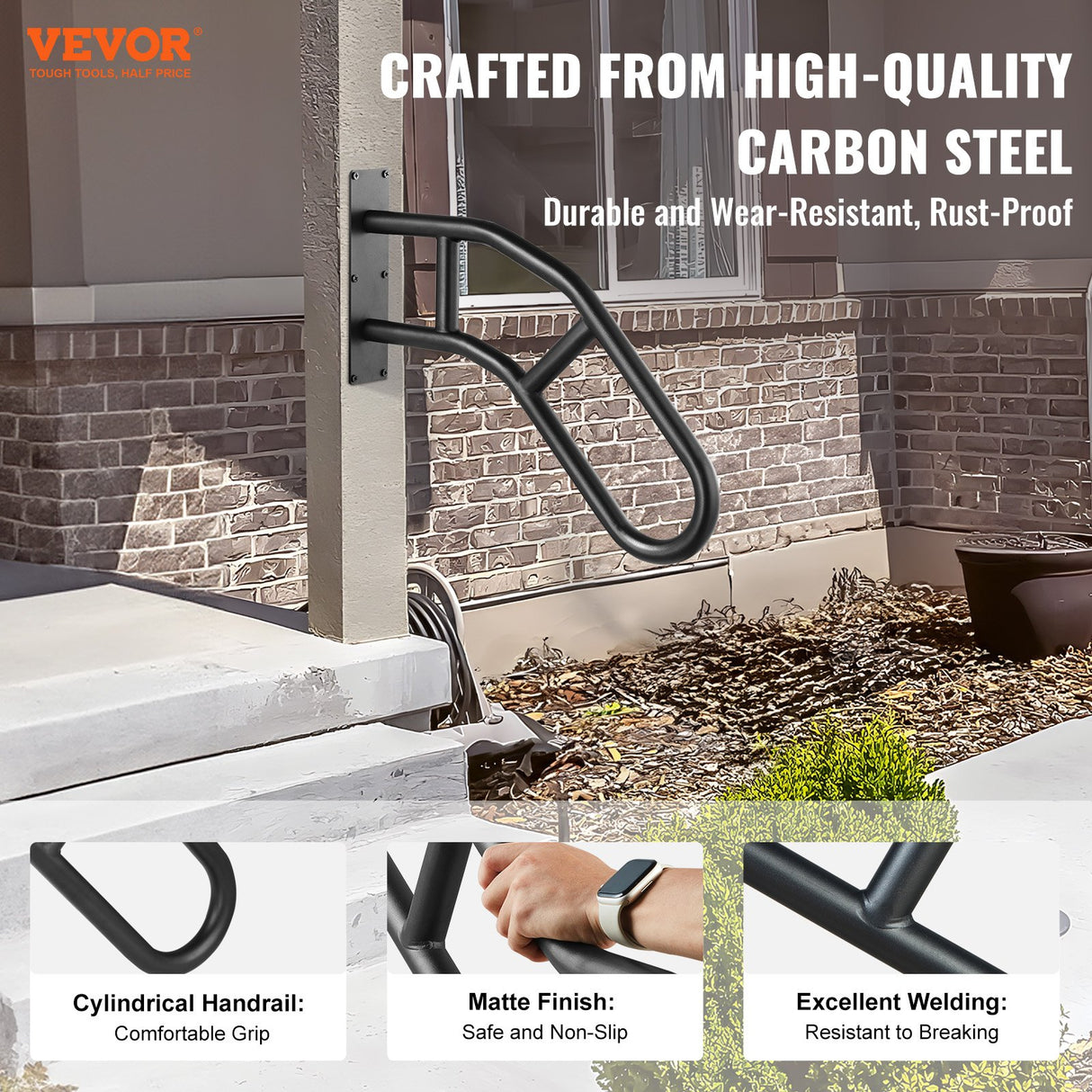 VEVOR Handrails for Outdoor Steps, 32" Length Wall Mount Safety Railings for 1-3 Steps, U-Shaped Handrail with Matte Black Finished, Stair Handrails for Kids, Elderly, Pregnant Women, Disabled