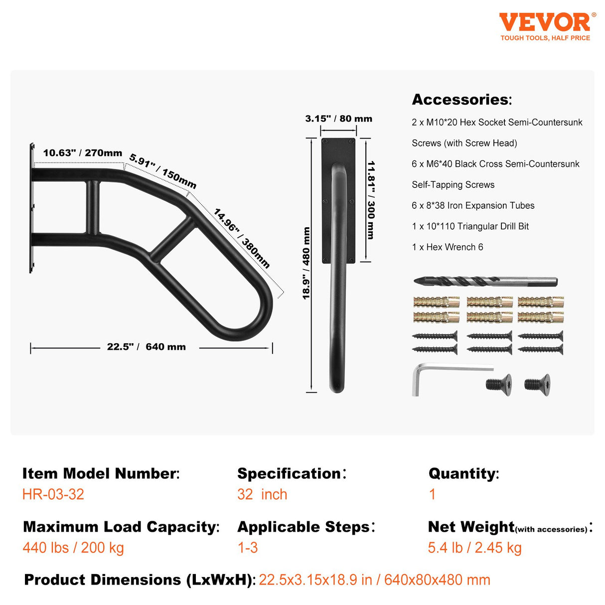 VEVOR Handrails for Outdoor Steps, 32" Length Wall Mount Safety Railings for 1-3 Steps, U-Shaped Handrail with Matte Black Finished, Stair Handrails for Kids, Elderly, Pregnant Women, Disabled